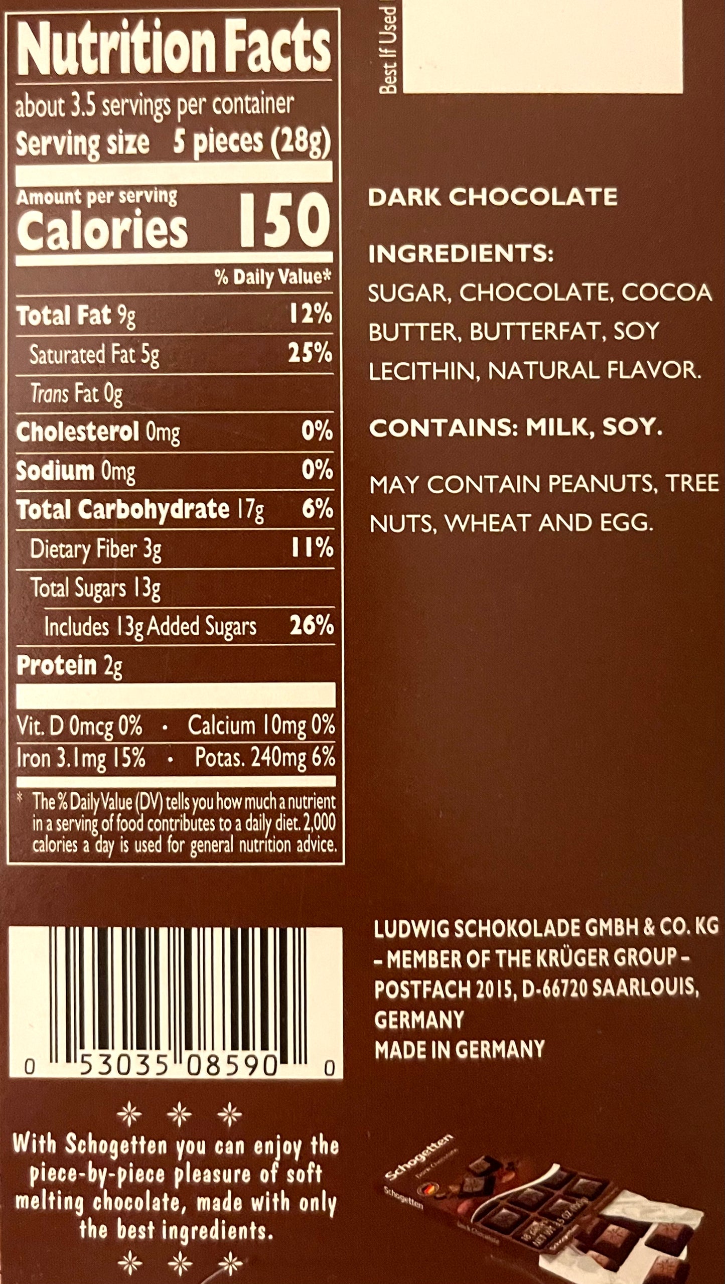 Schogetten Dark Chocolate, 18 Pieces