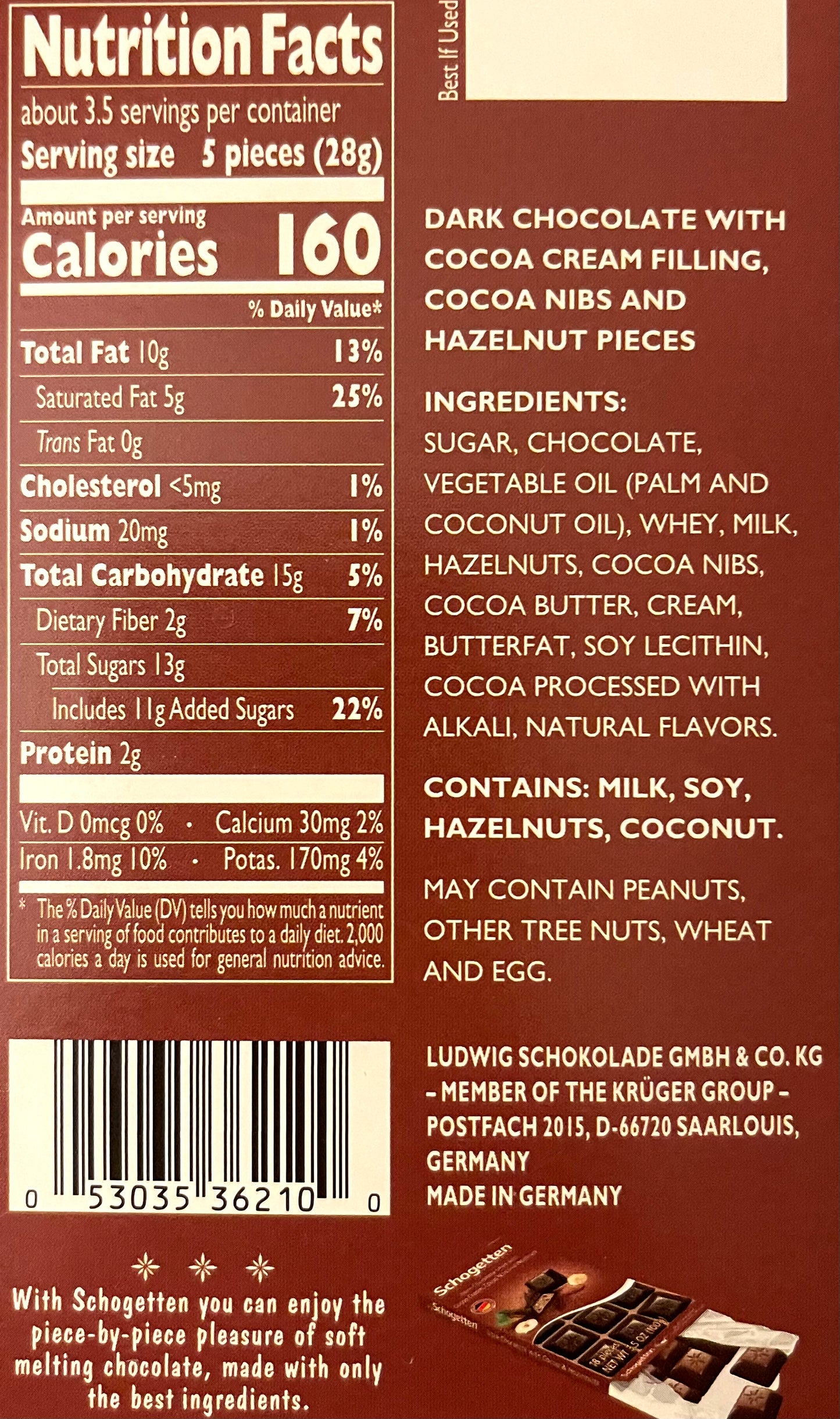 Schogetten Dark Chocolate, Cacao Cream, Cocoa Nibs, Hazelnuts, 18 Pieces