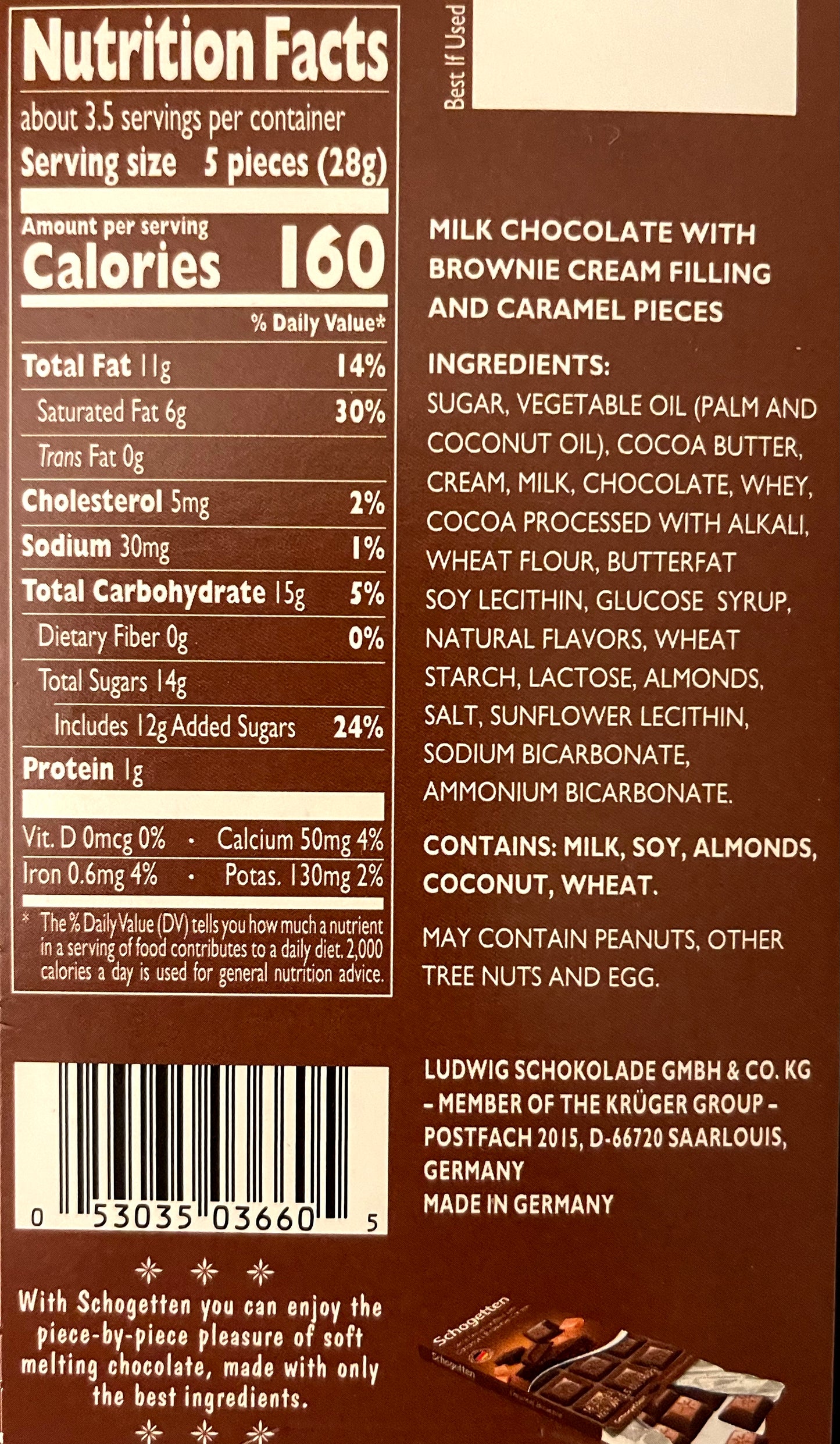 Schogetten Milk Chocolate Caramel Brownie Cream, 18 Pieces