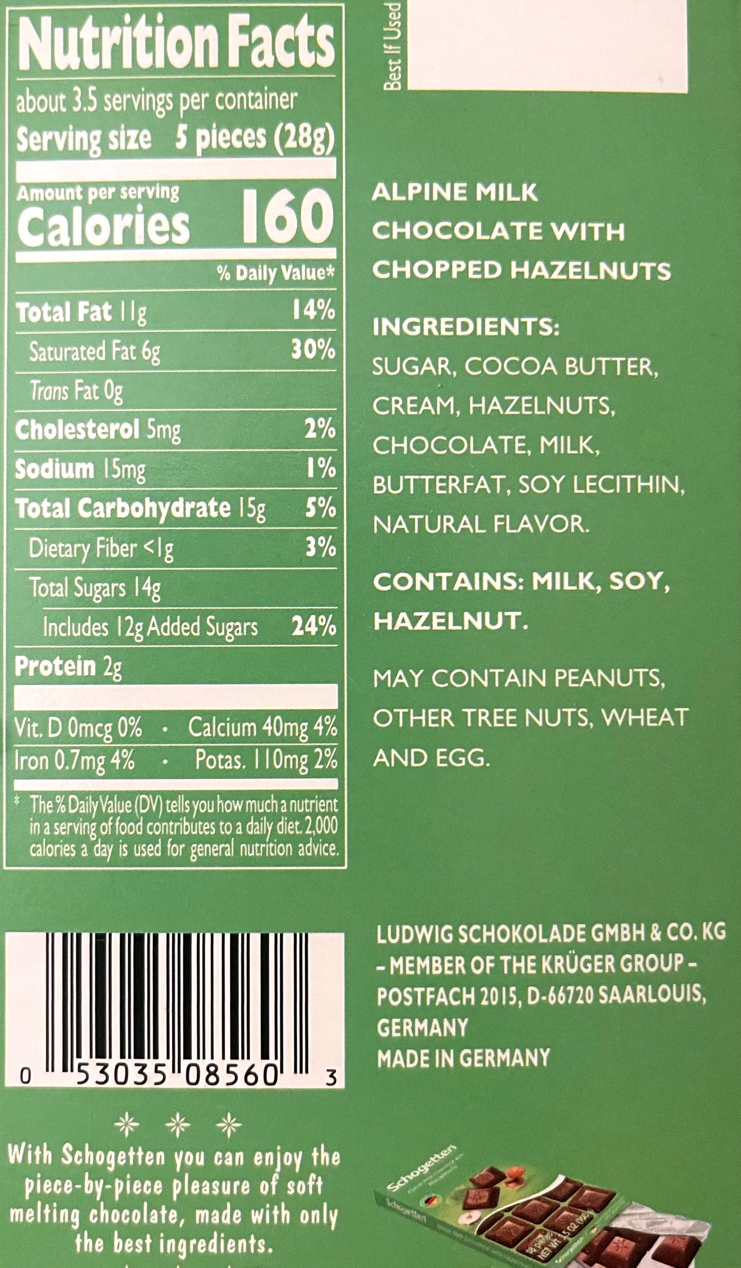 Schogetten Milk Chocolate Hazelnut, 18 Pieces