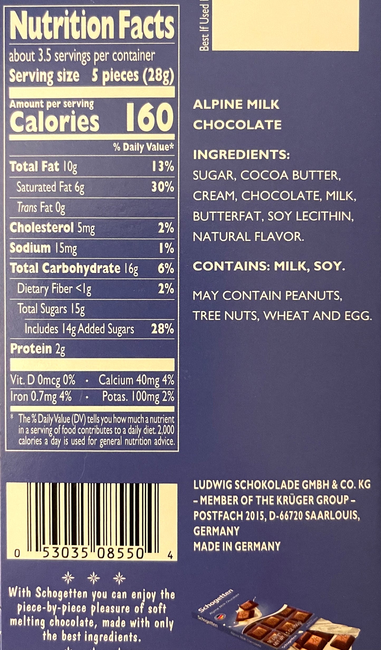 Schogetten Alpine Milk Chocolate, 18 Pieces